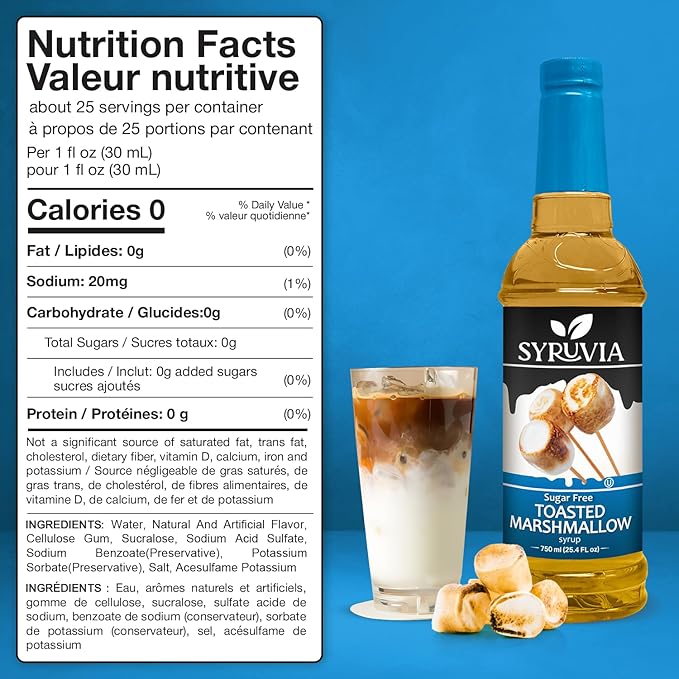 Syruvia Sugar Free Coffee Syrup, Toasted Marshmallow Flavored Syrup for Drinks, Lattes, and Desserts – 25.4 fl oz, With Pump