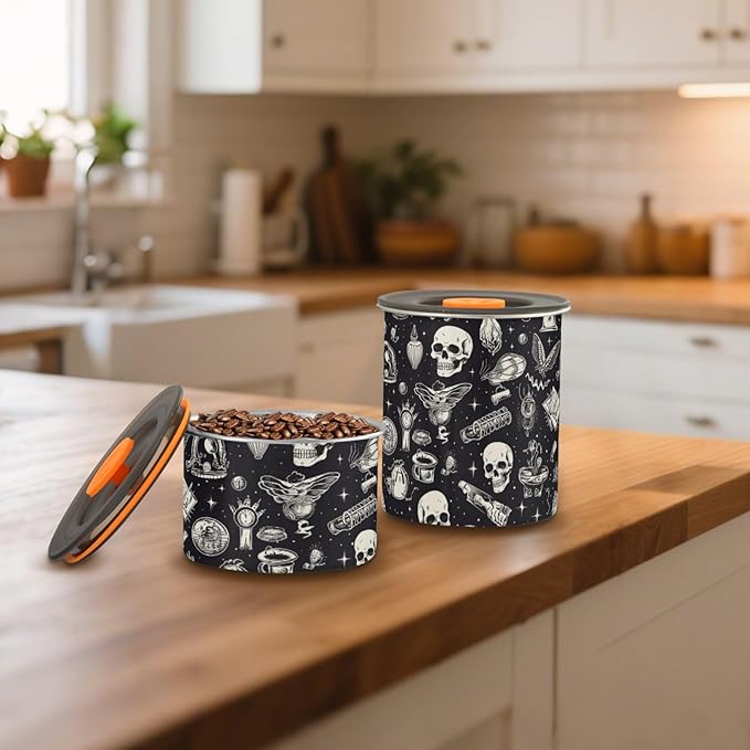 ALAZA Skull Witchy Airtight Coffee Bean Canister 900ml Food Storage Containers with Lids For Gournd, Tea, Sugar, Flour, Rice, Cereal, Candy Cookie Jar