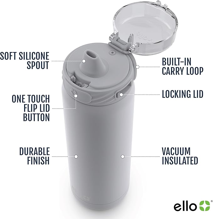 Ello Cooper 22oz Stainless Steel Water Bottle with Straw and Carry Handle, Double Walled and Vacuum Insulated Metal, Leak Proof Locking Lid with Soft Silicone Spout, Reusable, BPA Free, Grey