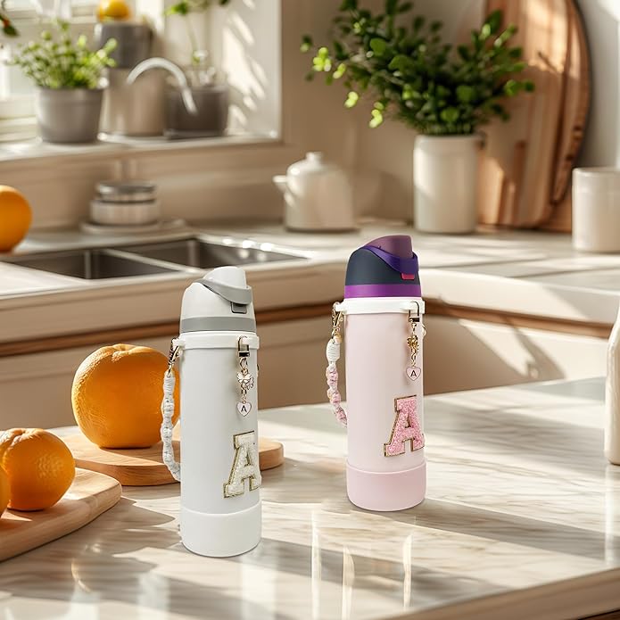 Compatible with Owala Water Bottle Accessories, Cute Letter Charm Set with Boho Handle Strap, Monogram Sticker, Silicone Ring, Keychain Decoration, for FreeSip 24 32 40oz, Owala Kids, Tumbler Gift
