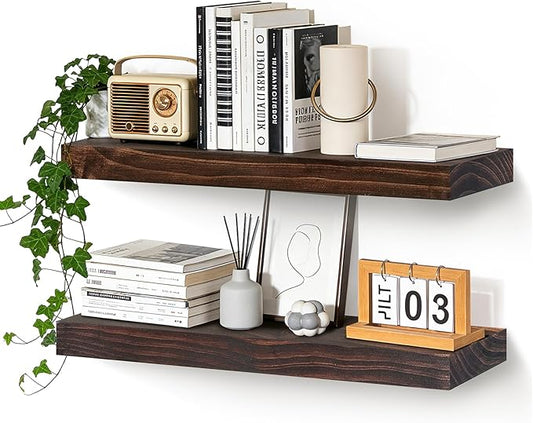 Floating Wall Shelves 24x6.8x1.7 Inch – Solid Wood Rustic Shelves in Walnut Finish – Wall Mounted Display Shelf for Bathroom, Kitchen, Bedroom – Set of 2