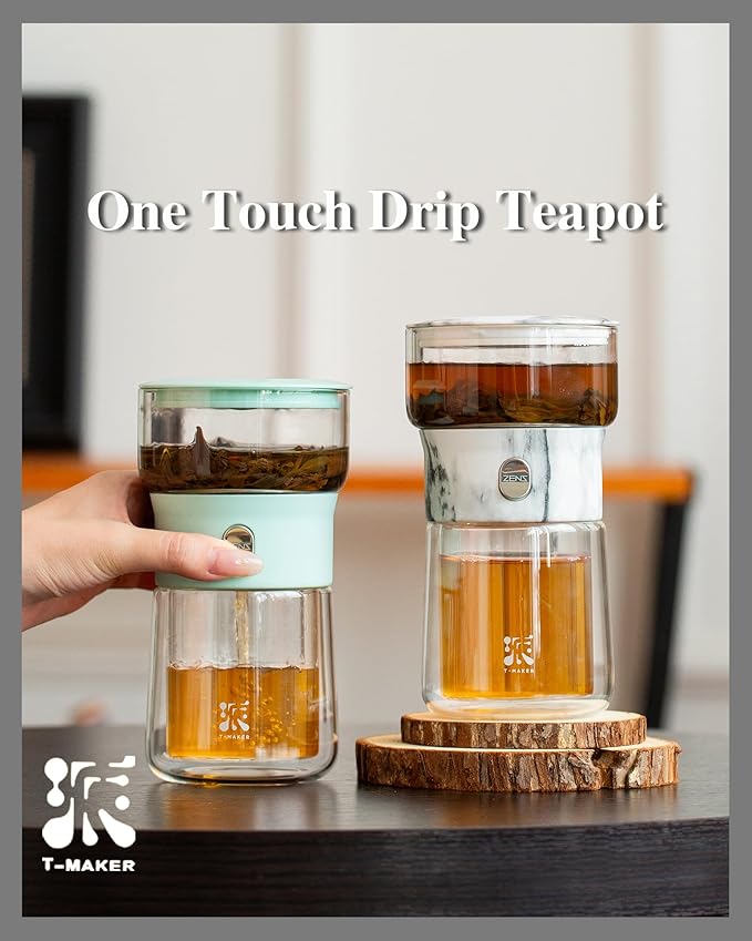 ZENS Modern Small Glass Infuser Teapot, Magic One Touch Drip Tea Pot Infusers for Loose Tea Diffuser, Cool Herbal Teapot with 200ml insulated Cup and Portable Gray Tea Kits for Tea Lovers Gifts