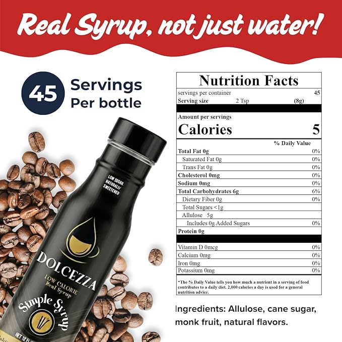 Dolcezza Allulose Simple Syrup, All Natural Low Sugar Sweetener for Coffee, Baking, and Drinks. Keto Friendly Monkfruit Blend. No Stevia or Artificial Sweeteners. No Aftertaste. 12 fl oz