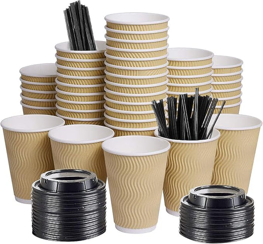 SPRINGPACK Disposable Paper Coffee Cups with Lids, 100 pack 12 oz Ripple Wall Insulated To Go Coffee Cups for Hot/Cold Beverage, Recyclable Takeaway Drinking Cups for Home Office Cafe Party