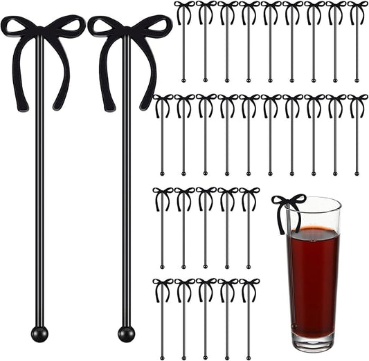 30 Pcs 6 Inch Valentine Party Stirrers, Bow Stir Sticks Coffee Stirrers Reusable Plastic Swizzle Sticks for Wedding Birthday Bridal Cocktail Decorations Galentines Supplies(Black)