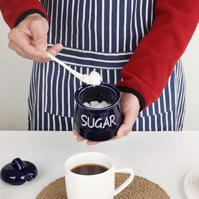 HAOTOP Porcelain Sugar Bowl with Lid and Spoon 12 oz (Navy)