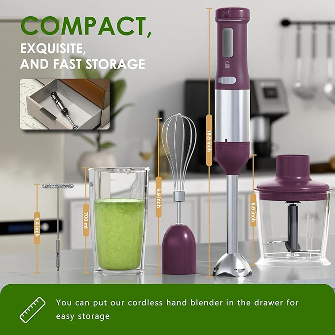 Cordless Immersion Hand Blender, 5-in-1 Variable Speed blender handheld,Rechargeable with 2000mAh Battery, BPA-Free & Dishwasher-Safe Accessories:700ml Beaker,Chopper,Whisk & Milk Frother,Plum