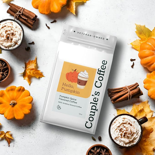 Couple’s Coffee Flavored Ground Coffee | Medium Roast Pumpkin Spice Fall Coffee | Gives Back to Military Families | Hello Pumpkin | Made with 100% Arabica Beans | 12oz bag