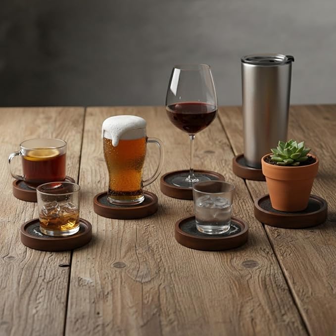 Wooden Coasters with Felt Insert, 4.13 Inch, Set of 6, Absorbent Coasters for Drinks, Absorbent and Insulation Felt Stackable Cup Holders, Absorbent and Heat-Insulated for Coffee Table Decor,