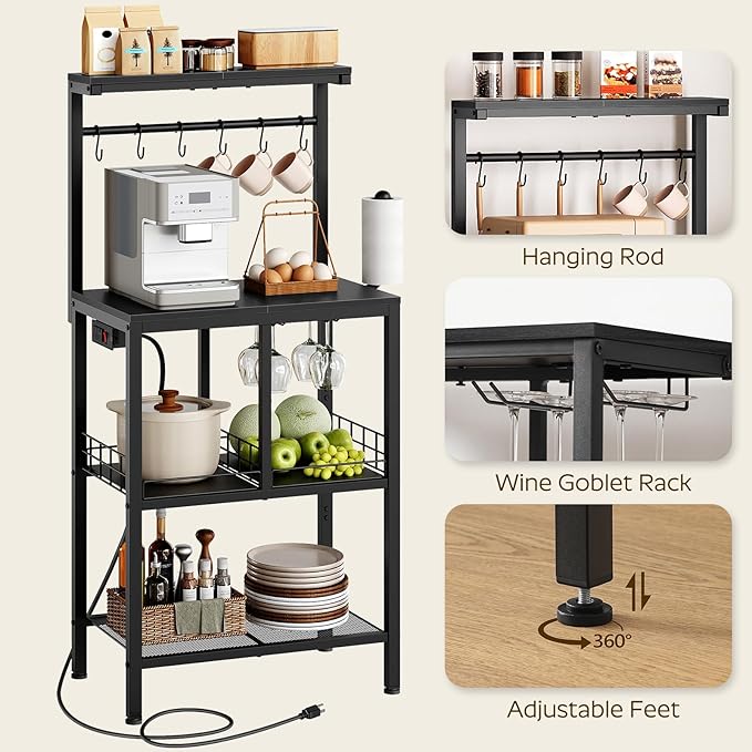 Bakers Rack with Power Outlet, Microwave Stand with Paper Holder, Coffee Bar Table with Wine Glass Holder, 4-Tier Kitchen Storage Rack for Dining Room, Living Room, Black HB02UBB