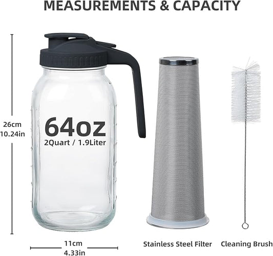 64 oz Cold Brew Coffee Maker, Glass Mason Jar Pitcher with Pour Spout Handle Lid with Stainless Steel Filter with Cleaning Brush, for Ice Tea, Leak Proof Half Gallon Storage Container (Black)