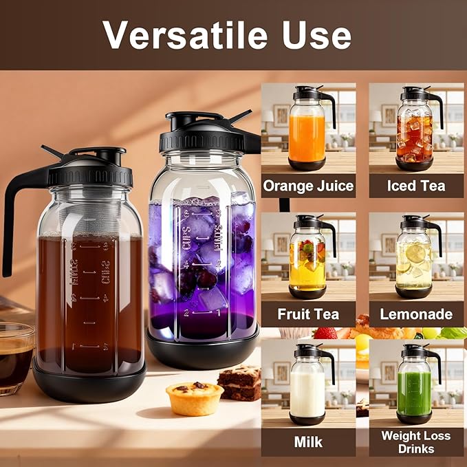 RuileMei Cold Brew Coffee Maker,2 Pcs 64 oz mason jar pour spout lid, coffee carafe,Refillable Stainless Steel Filter,Non-slip silicone sleeve for glass pitcher, Homemade Beverage