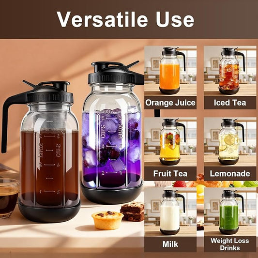 RuileMei Cold Brew Coffee Maker,2 Pcs 64 oz mason jar pour spout lid, coffee carafe,Refillable Stainless Steel Filter,Non-slip silicone sleeve for glass pitcher, Homemade Beverage