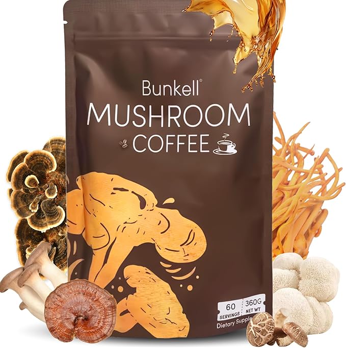 Mushroom Coffee, Adaptogenic 6 Mushrooms with Lion's Mane, Reishi, Cordyceps, Shiitake, King Trumpet & Turkey Tail, Instant Coffee Powder for Energy, Digestion & Immune Support, 60 Servings