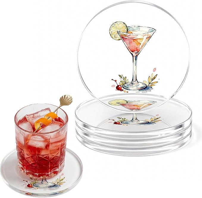Acrylic Coasters Set of 4, Bar Drink Coasters for Cocktails, Whiskey, Coffee, Clear Modern Drink Coasters for Home Bar, Coffee Table & Office Desk, Cold Drinks, Office Decor, Non-Scratch & Easy Clean