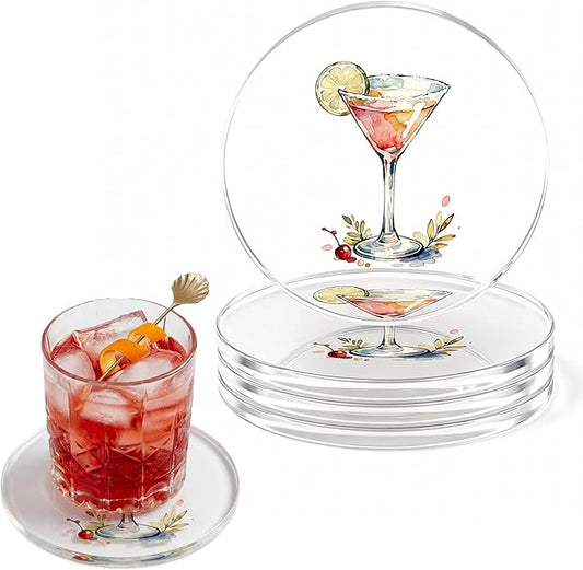 Acrylic Coasters Set of 4, Bar Drink Coasters for Cocktails, Whiskey, Coffee, Clear Modern Drink Coasters for Home Bar, Coffee Table & Office Desk, Cold Drinks, Office Decor, Non-Scratch & Easy Clean