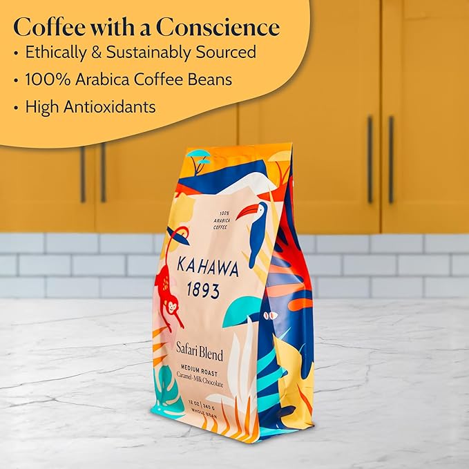 Kahawa 1893 Whole Bean Coffee Medium Roast Safari Blend 12 Oz - As Seen on Shark Tank, High Antioxidants, Naturally Sweet, Organically Grown, Ethically & Sustainably Sourced