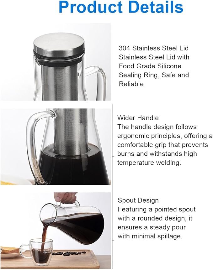 Haofy Cold Brew Coffee Maker, Thickened Borosilicate Glass with 304 Stainless Steel Filter, Airtight Sealing for Freshness, for Ice Tea Hot Tea Fruit Drinks (1600ML)
