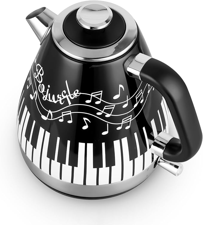 Electric Kettle with Piano & Musical Notes Design, 1.7L Stainless Steel Interior, 1200W Fast Water Boiler for Tea & Coffee, Cordless with Auto Shut-Off, Unique Musician Gift & Kitchen Decor