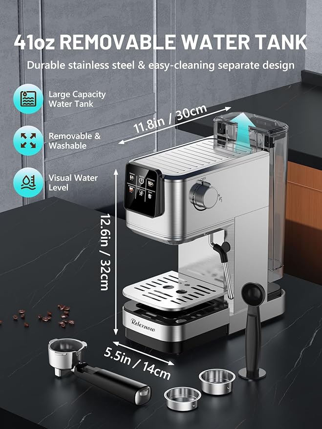 Espresso Machine, 20 Bar Espresso Maker Milk Frother & LCD Panel, Hot & Iced Coffee Machine, Stainless Steel Espresso Coffee Machine with 41oz Water Tank for Cappuccino, Latte