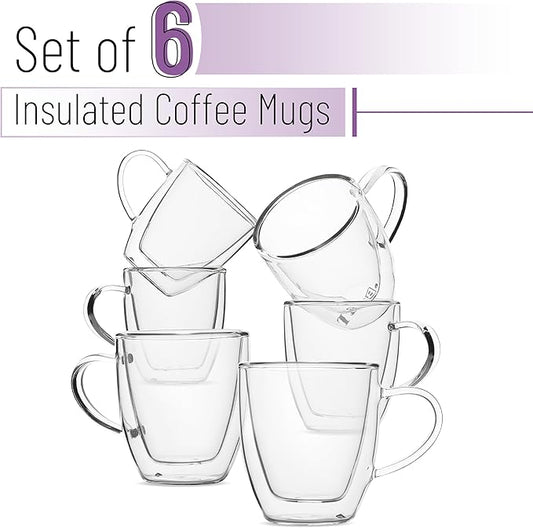 BTaT- Double Walled Glass Coffee Mugs, 16 oz, Set of 6, Glass Coffee Cups with Handle, Insulated Clear Coffee Mug for Hot and Cold Beverages, Cappuccino, Latte, Tea, Americano, Microwave Safe