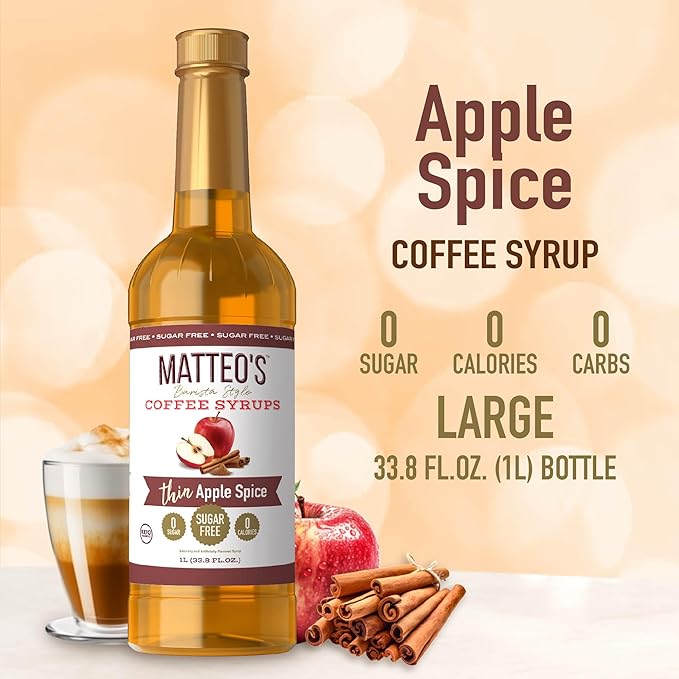 Matteo's Apple Spice Syrup for Coffee, Lattes, Cappuccinos & Desserts – Sugar-Free Sweetener for Beverages, Keto Friendly, Zero Calories, Indulgent Flavor, Non-Alcoholic, Ideal for Coffee 33.8oz (6pk)