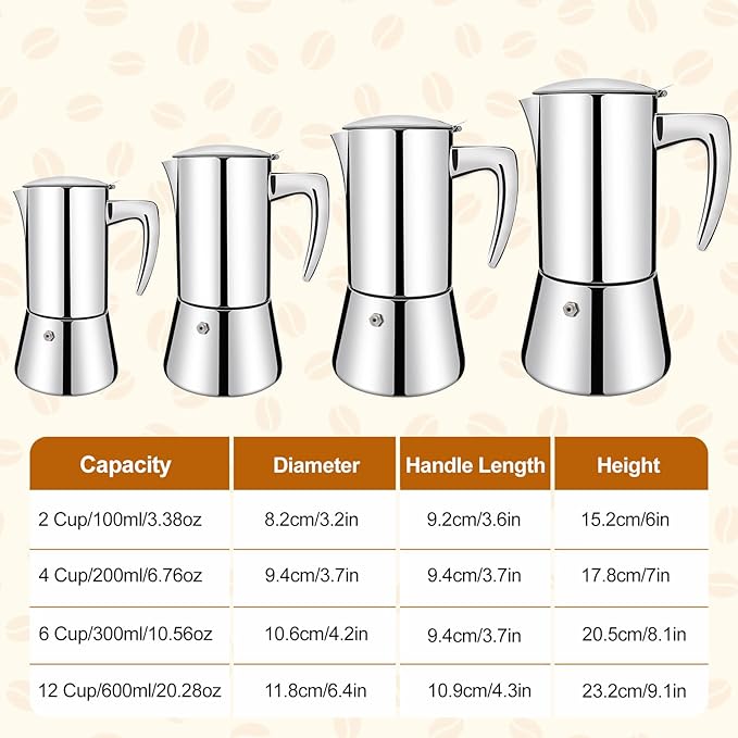 Vaolvpant No Coating 4 Cup Thickened 304 Stainless Steel Moka Pot Stovetop Espresso Maker Italian Coffee Machine 200ml 6.8oz Suitable for Gas Induction Stovetop Greca Coffee Maker Percolator