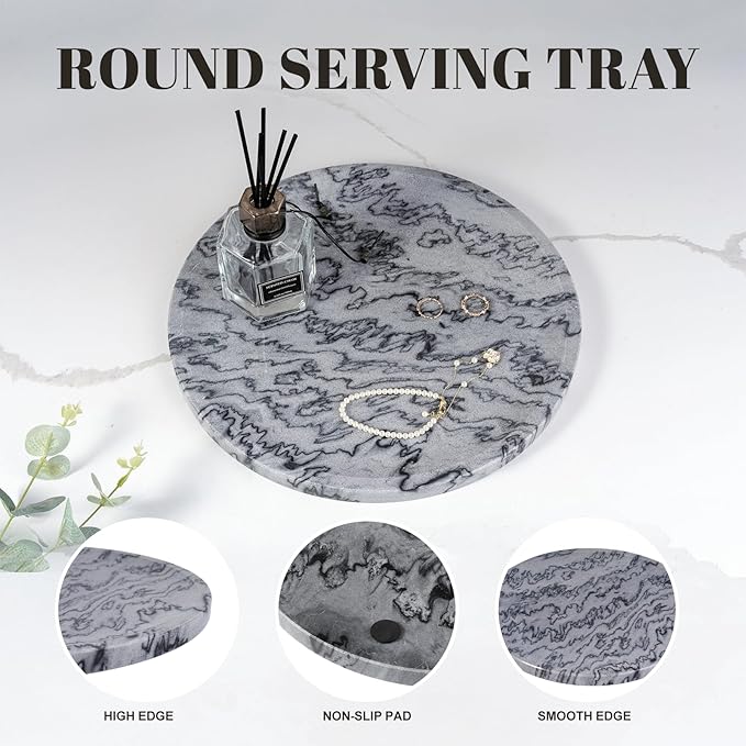 Natural Marble Tray, 11.8in Serving Tray for Fruit, Round Decorative Vanity Dish for Jewelry&Key, Quality Storage Plate for Kitchen Coffee Table and Bathroom Desktop, Monte Grigio