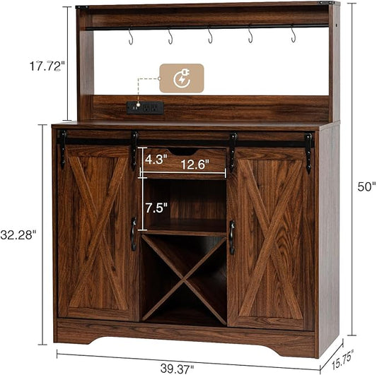 Wnutrees Farmhouse Coffee Bar Cabinet with Charging Station and USB Ports, Sliding Barn Door, 39" Kitchen Hutch Sideboard Buffet Storage Cabinet, Fits Kitchen Dining Living Room, Brown