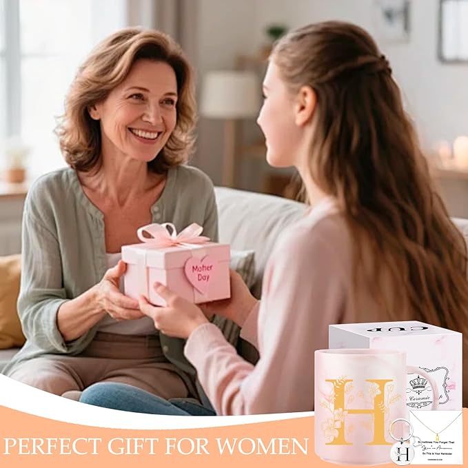 Monogrammed Christmas Gifts for Women, 11 oz Initial Ceramic Coffee Tea Mug with Necklace, Unique Birthday Gift for Her Wife Teacher Friend Mom, H