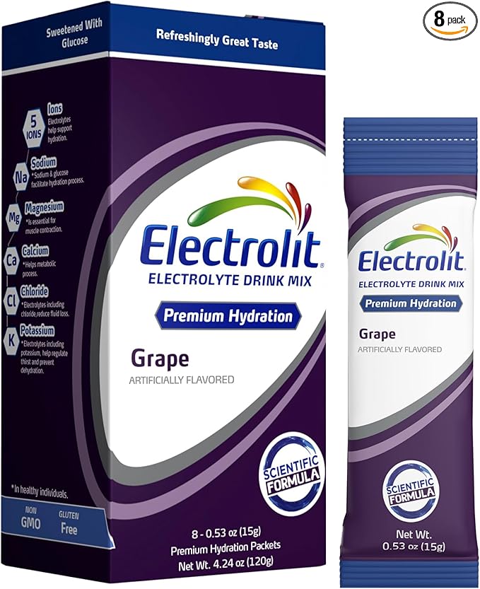 Electrolit Electrolytes Powder Packets, Grape 8 Pack, Powdered Hydration Packets for Dehydration & Rehydration, Post Workout Flavored Hydrating Drink Mix, Gluten Free Daily Water Enhancer Sticks