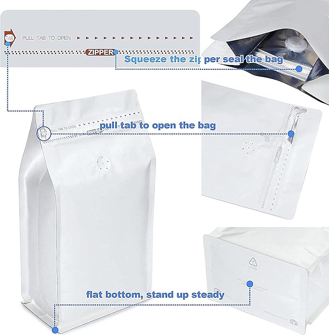 White Kraft Paper Stand Up Coffee Bag/Flat Bottom Coffee Pouch with One Way Degassing Valve and Reusable Side Zipper(Pull Tab to Open) (8oz, 0.5lb, 50 Pieces)
