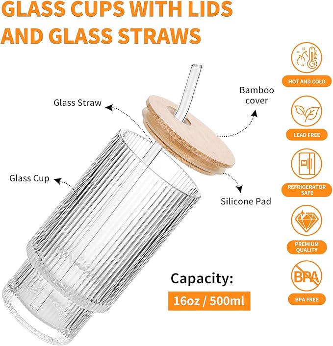 16oz Glass Cups with Lids & Straws - Reusable Iced Coffee Tumblers, Trendy Ribbed Design & Stackable for Iced Coffee/Cold Brew, Perfect for Home/Office by Coffee Lovers & Commuters (16OZ-4PACK)
