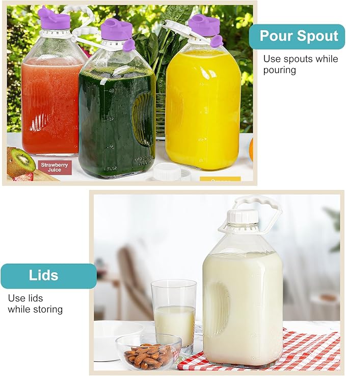 64 Oz Heavy Duty Glass Milk Bottle with Reusable Airtight Strong SCREW LID - 1/2 Gallon Water Bottles with Scale Lines - 2 Qt Glass Milk Jug Pitcher - Extra Gaskets & Handle!