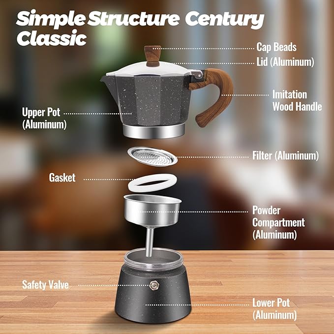 Vaolvpant 6 Cup Aluminum Moka Pot Classic Stovetop Espresso Coffee Maker 300ml 10oz Coffeemaker Percolator Mocha Pot Greca Coffee Maker Cafe Makers for Italian and Cuban Café Brewing Gray
