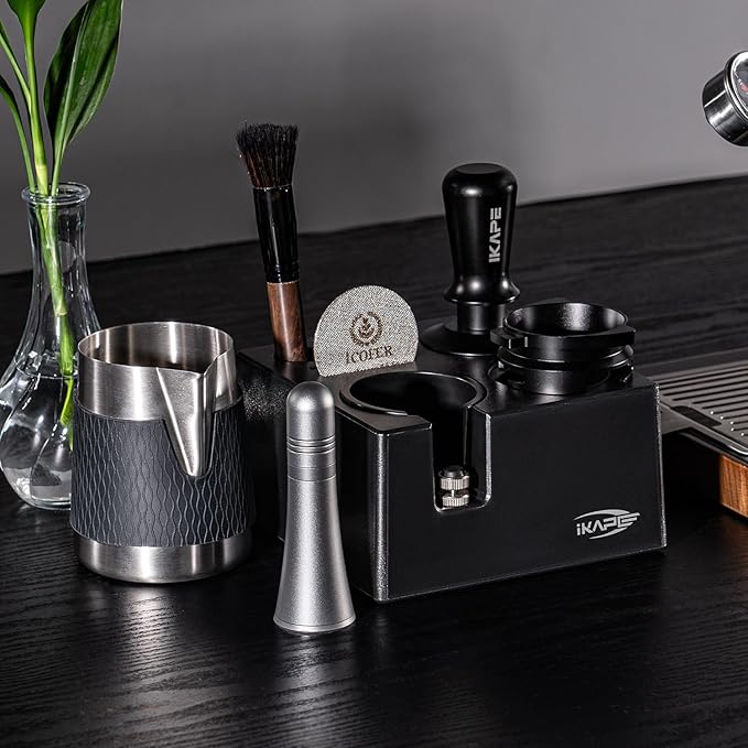 IKAPE 53MM Espresso Tamper Kit 6 in 1, Coffee Tamper, WDT Tool, Magnetic Dosing Funnel, Puck Screen, Milk Pitcher, Cleaning Brush