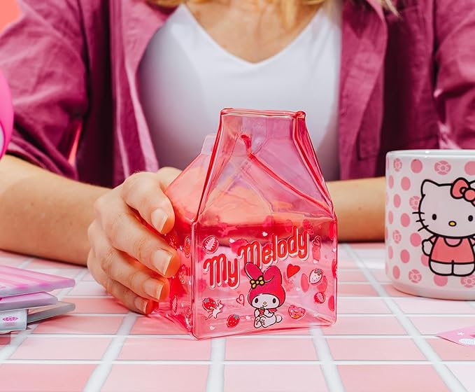 Silver Buffalo Sanrio Hello Kitty and Friends Featuring My Melody Strawberries Pink Glass Milk Cup, 11.9 Ounces