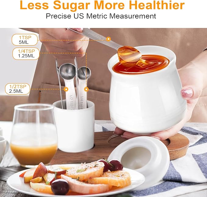 Nucookery Porcelain Sugar Bowl Set – 14 Ounce Large Sugar Jar with Lid and Measuring Spoon – Deluxe Salt Bowl with Spoons – Practical Design with No Notch Lid – Elegant Salt Container White