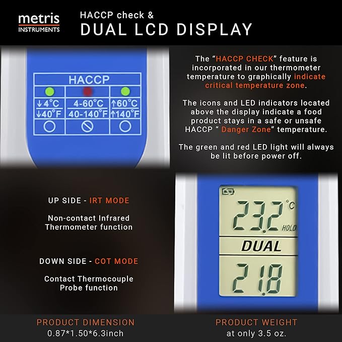 Metris Instruments Food Cooking Meat Thermometer Digital Infrared Instant Read with Probe for Kitchen, Outside Grill, BBQ Smoker, Model TCT303F-NSF NSF Approved