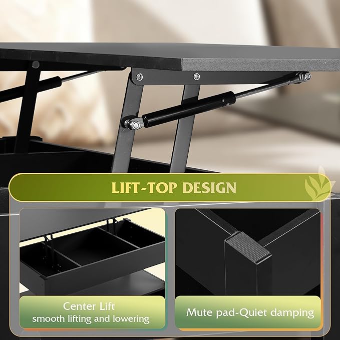 WLIVE Coffee Table, Lift Top Coffee Table with 2 Drawers, Large Storage and Open Shelf, Lift Tabletop for Living Room, Black