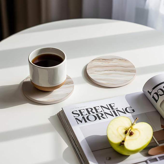 VEYRO Ceramic Coasters Set of 6 – Absorbent Stone Drink Coasters with Holder, Non-Slip Cork Backing, Modern Marble Look Coasters for Coffee Table, Desk & Home Decor