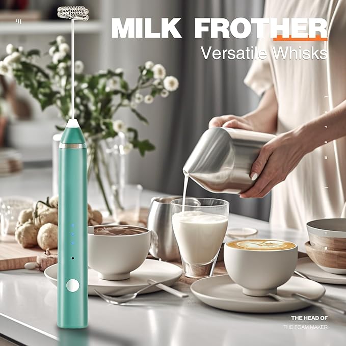 Milk Frother Rechargeable Handheld Electric Whisk Coffee Frother Mixer with 3 Stainless whisks 3 Speed Adjustable Foam Maker Blender for Coffee Matcha Latte Cappuccino Hot Chocolate（Green)