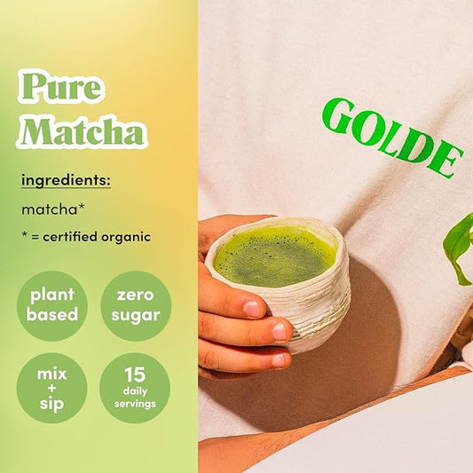 GOLDE - Pure Matcha - Ceremonial Grade Matcha Powder - Organic Green Tea Superfood w/L-Theanine - Rich in Antioxidants - Vegan - Gluten Free - 60mg Caffeine - Jitter Free Energy - 30g Tin