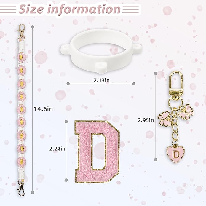 Compatible with Owala Water Bottle Accessories, Cute Letter Charm Set with Boho Handle Strap, Monogram Sticker, Silicone Ring, Keychain Decoration, for FreeSip 24 32 40oz, Owala Kids, Tumbler Gift
