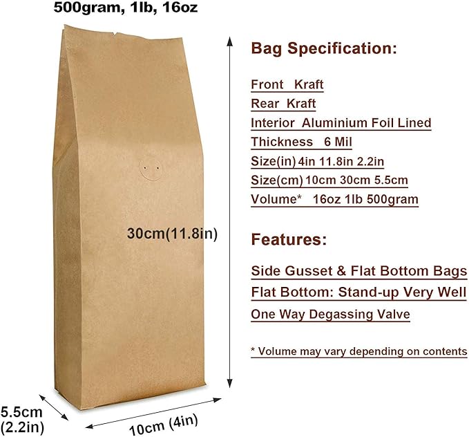 Kraft Paper Stand Up Coffee Bag/Side Gusset Pouch with Flat Bottom Coffee Beans Pouch with One Way Degassing Valve, 50 Pieces (Natural Kraft, 500g, 16oz, 1lb)
