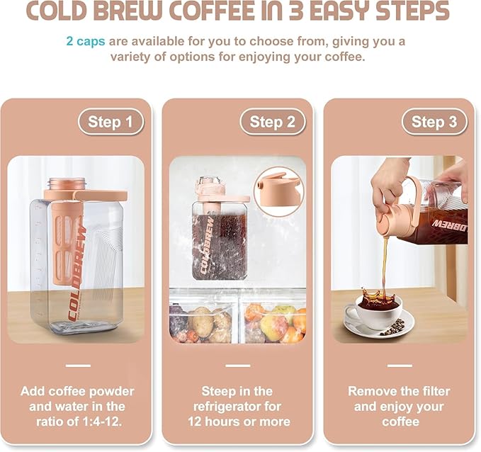 Itslife Cold Brew Coffee Maker, 68oz Iced Coffee Tritan Pitcher with Filter, 2 Pour Spout Lids For Airtight & Leak-Proof Coffee Barrel(Black)