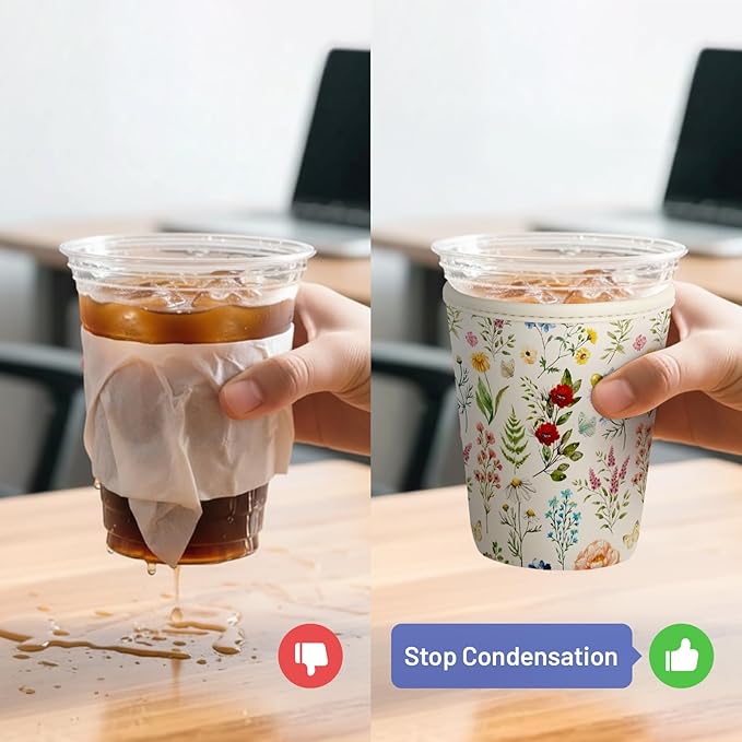 Iced Coffee Sleeve Reusable Cup Sleeves for Cold Drinks Neoprene Koozie Cozy Plastic Cup Covers for Drinks, Floral
