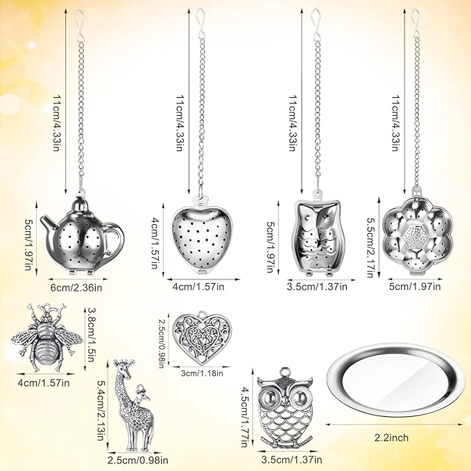 Cunhill 4 Sets Loose Tea Infusers Stainless Steel Teaballs Cute Tea Strainers Steeper Filters with Crystal Stone Pendants and Drip Tray Teacups Accessories(Funny Style)