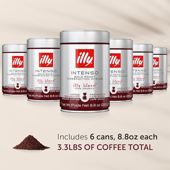 illy Ground Drip Coffee, Intenso Dark Roast, 100% Arabica, Premium Italian Coffee, Pre-Ground for Drip Brewers, 8.8oz, 6 Pack