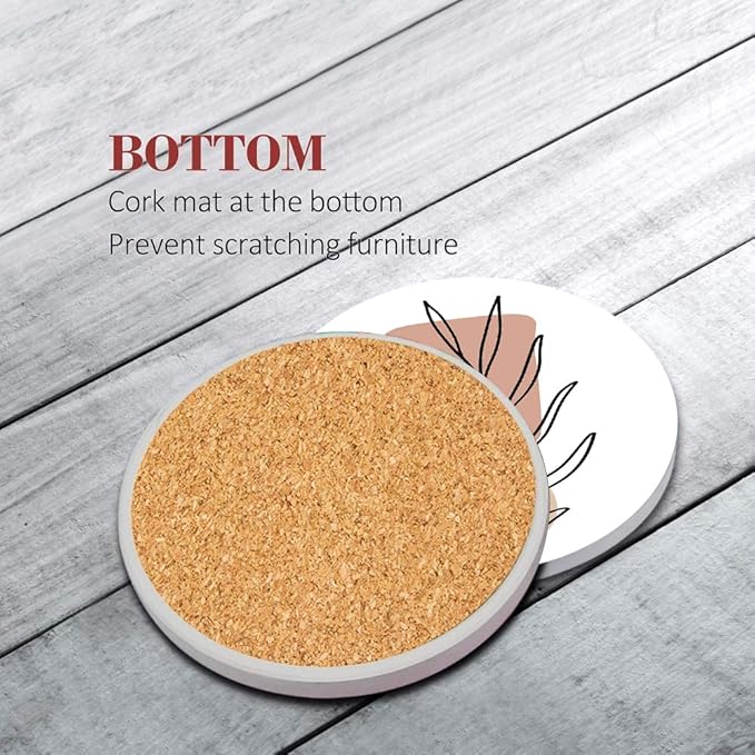 Britimes Table Coaster for Drinks Set of 6, Flowers Beauty Woman Boho One Coffee Absorbent Round Ceramic Stone Mat, with Cork Base and Metal Holder, Gift for Housewarming Room Bar Decor